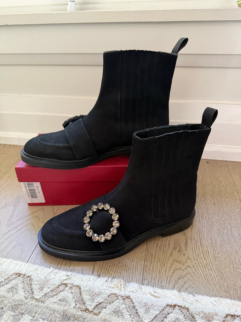 Roberto festa Black Suede Ankle Bootie with Crystal Circle Accent